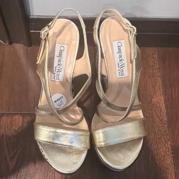 GIAMPAOLO VIOZZI CRISSCROSS WEDGE PLATFORMS, SIZE EUR 39/US 8, GOLD/BLACK/BEIGE - Picture 3 of 8